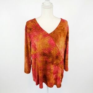 Women's Layered V-Neck Tunic Top in Red-Orange Tie-Dye